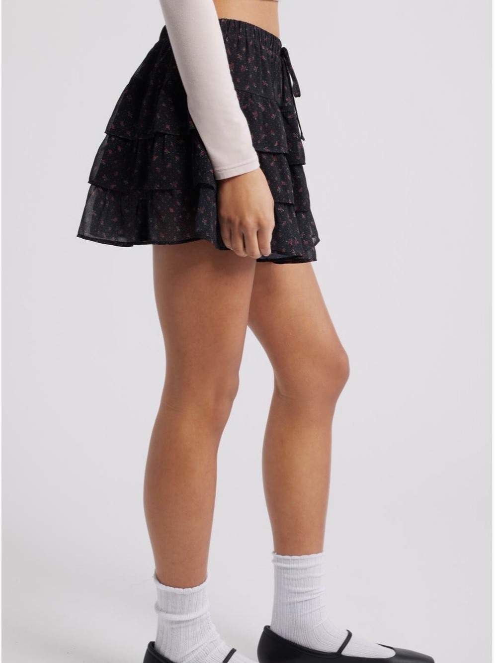 bp Black Floral Tiered Mini Skirt with Pink Accents